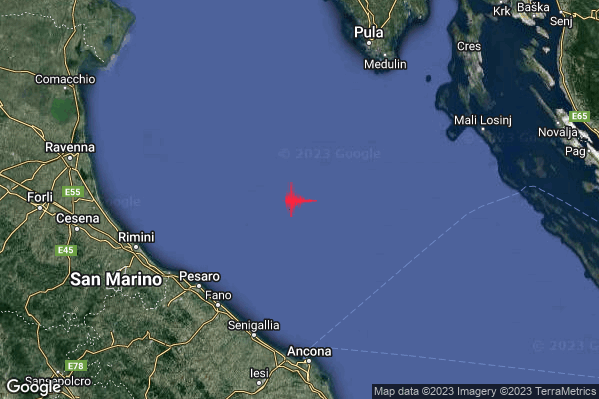 Lieve Terremoto M2.2 epicentro Adriatico Settentrionale (MARE) alle 21:09:13 (20:09:13 UTC)