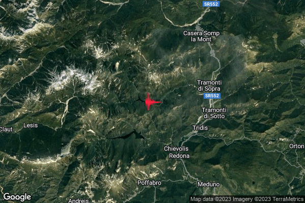 Debole Terremoto M2.7 epicentro 6 km W Tramonti di Sopra (PN) alle 00:10:48 (23:10:48 UTC)