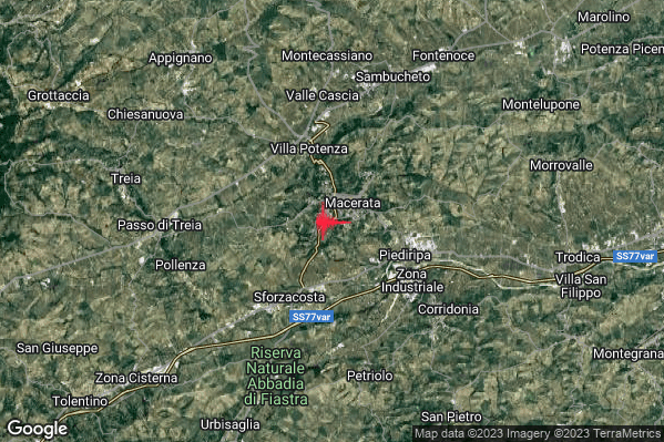 Lieve Terremoto M2.1 epicentro 2 km SW Macerata (MC) alle 00:33:26 (23:33:26 UTC)