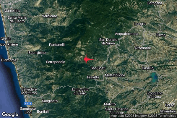 Lieve Terremoto M2.2 epicentro 3 km NW San Sosti (CS) alle 07:46:55 (06:46:55 UTC)