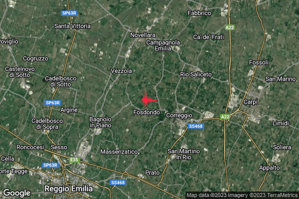 Debole Terremoto M2.3 epicentro 4 km W Correggio (RE) alle 13:28:16 (12:28:16 UTC)