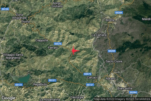 Debole Terremoto M2.5 epicentro 11 km NW Adrano (CT) alle 18:18:56 (17:18:56 UTC)