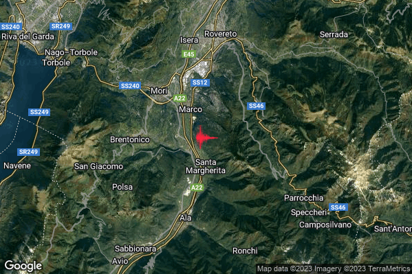 Lieve Terremoto M2.2 epicentro 5 km SE Mori (TN) alle 09:37:24 (08:37:24 UTC)