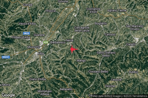Leggero Terremoto M2.9 epicentro 2 km NE Neviglie (CN) alle 23:35:40 (22:35:40 UTC)