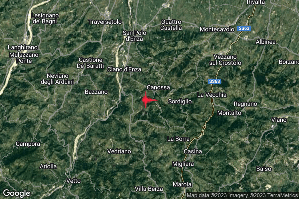 Lieve Terremoto M2.0 epicentro 4 km SE Canossa (RE) alle 07:31:25 (06:31:25 UTC)