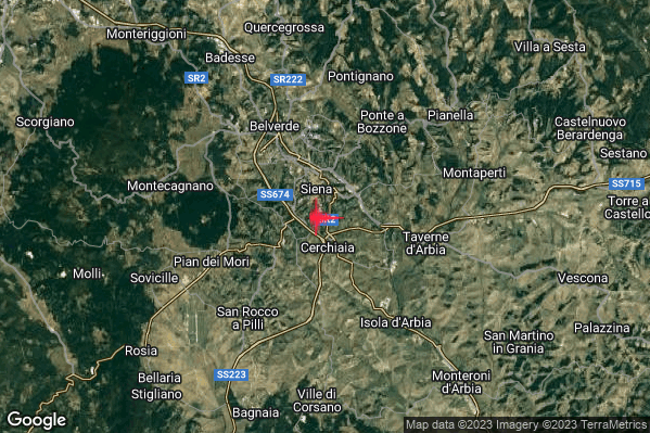 Moderato Terremoto M3.5 epicentro 1 km S Siena (SI) alle 21:51:39 (20:51:39 UTC)