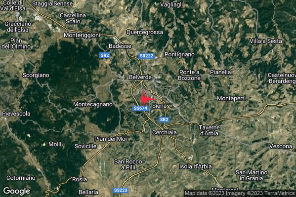 Debole Terremoto M2.4 epicentro 2 km W Siena (SI) alle 21:53:55 (20:53:55 UTC)