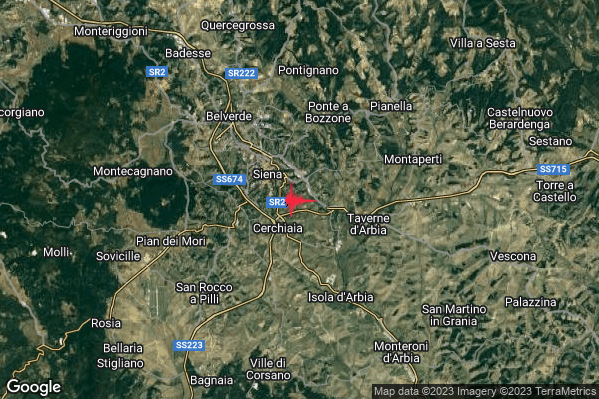 Lieve Terremoto M2.1 epicentro 2 km SE Siena (SI) alle 22:02:04 (21:02:04 UTC)