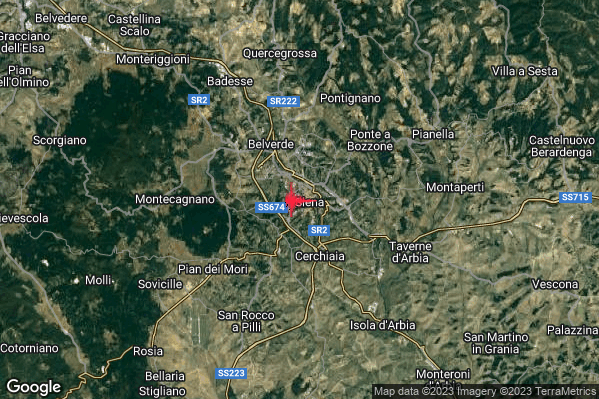 Debole Terremoto M2.7 epicentro 1 km W Siena (SI) alle 22:08:31 (21:08:31 UTC)
