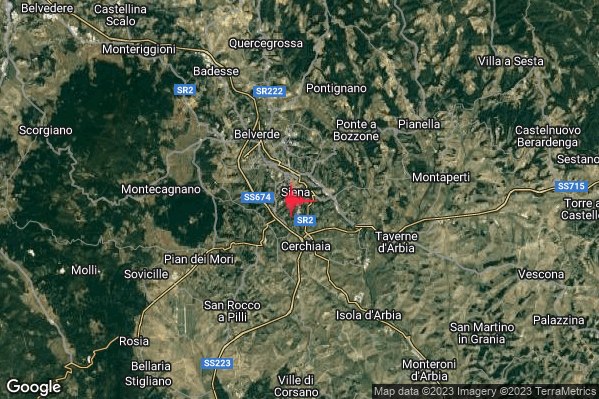 Debole Terremoto M2.6 epicentro Siena (SI) alle 22:36:25 (21:36:25 UTC)