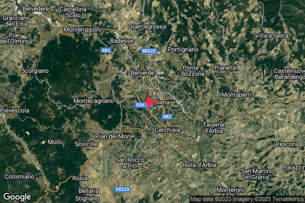 Debole Terremoto M2.7 epicentro 1 km W Siena (SI) alle 22:54:51 (21:54:51 UTC)