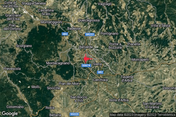 Debole Terremoto M2.4 epicentro 2 km W Siena (SI) alle 22:55:35 (21:55:35 UTC)