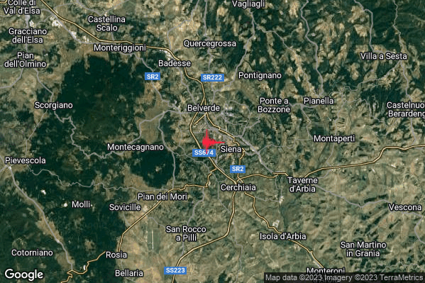 Lieve Terremoto M2.2 epicentro 2 km W Siena (SI) alle 23:25:44 (22:25:44 UTC)