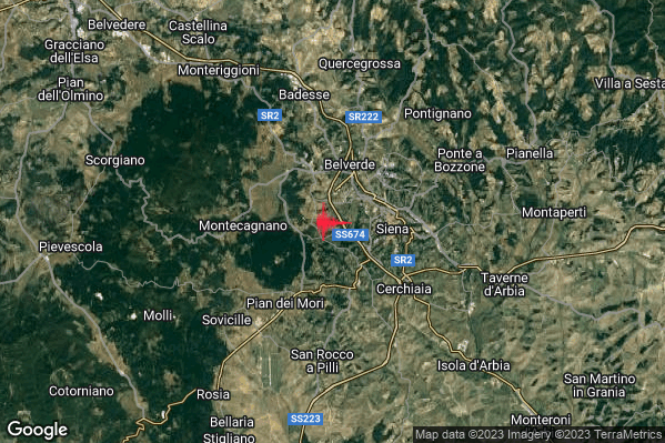 Lieve Terremoto M2.1 epicentro 3 km W Siena (SI) alle 01:07:34 (00:07:34 UTC)