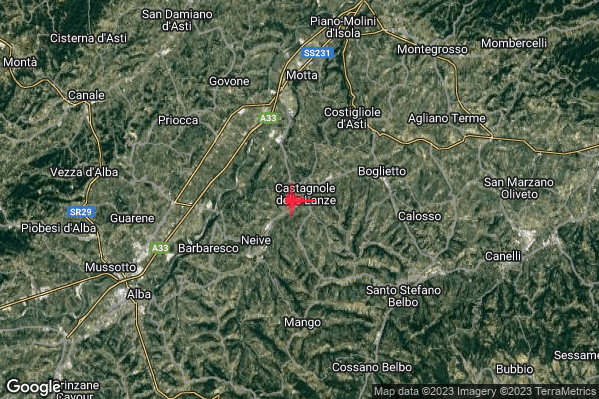 Debole Terremoto M2.4 epicentro 1 km SW Castagnole delle Lanze (AT) alle 04:42:10 (03:42:10 UTC)