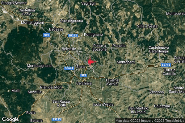 Leggero Terremoto M2.8 epicentro 2 km E Siena (SI) alle 08:19:33 (07:19:33 UTC)