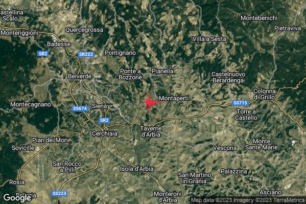 Lieve Terremoto M2.2 epicentro 6 km E Siena (SI) alle 08:27:23 (07:27:23 UTC)