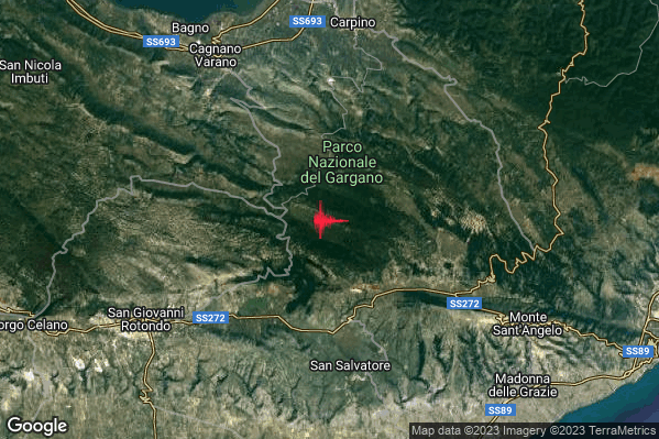 Debole Terremoto M2.5 epicentro 10 km SE Cagnano Varano (FG) alle 21:23:21 (20:23:21 UTC)