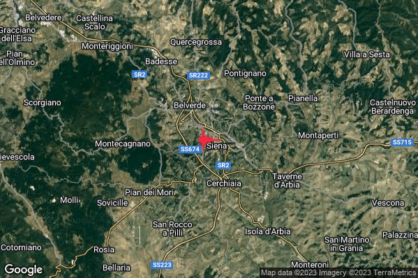 Lieve Terremoto M2.1 epicentro 1 km NW Siena (SI) alle 23:55:41 (22:55:41 UTC)