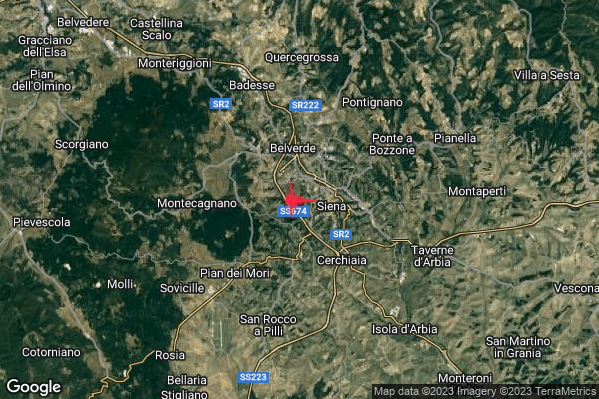 Lieve Terremoto M2.2 epicentro 2 km W Siena (SI) alle 22:03:11 (21:03:11 UTC)