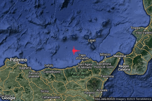 Lieve Terremoto M2.1 epicentro Costa Siciliana nord-orientale (Messina) alle 01:02:57 (00:02:57 UTC)