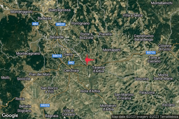 Debole Terremoto M2.5 epicentro 4 km E Siena (SI) alle 09:33:06 (08:33:06 UTC)