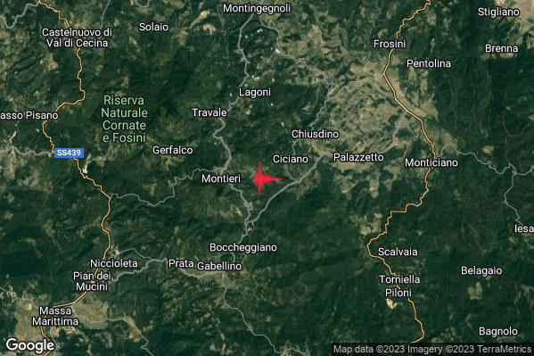 Lieve Terremoto M2.0 epicentro 3 km E Montieri (GR) alle 13:13:32 (12:13:32 UTC)