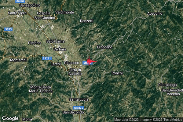 Debole Terremoto M2.3 epicentro 4 km NE Citta di Castello (PG) alle 14:39:41 (13:39:41 UTC)