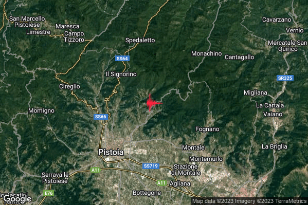 Lieve Terremoto M2.2 epicentro 6 km NE Pistoia (PT) alle 00:21:45 (23:21:45 UTC)