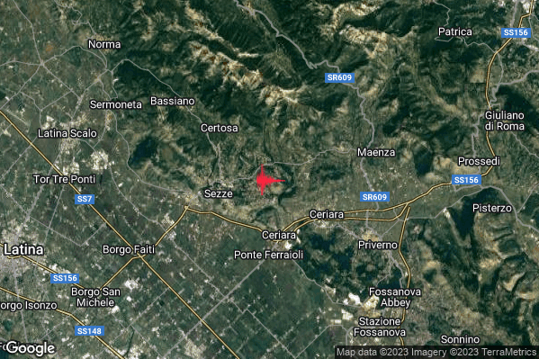 Lieve Terremoto M2.2 epicentro 4 km E Sezze (LT) alle 11:45:53 (10:45:53 UTC)