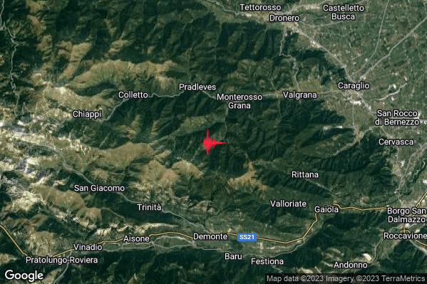 Debole Terremoto M2.4 epicentro 4 km SW Monterosso Grana (CN) alle 00:35:01 (23:35:01 UTC)