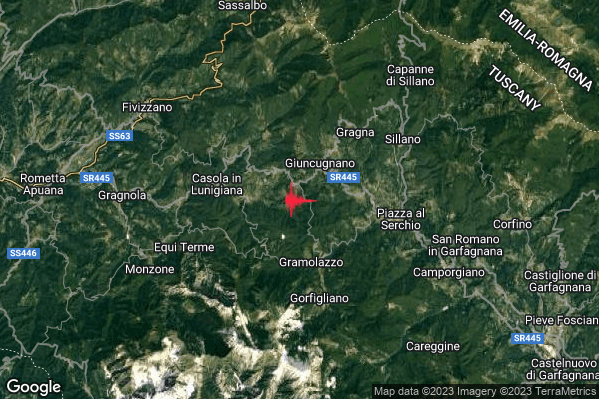 Lieve Terremoto M2.0 epicentro 3 km NE Minucciano (LU) alle 05:10:37 (04:10:37 UTC)