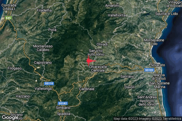 Lieve Terremoto M2.1 epicentro 2 km NW Chiaravalle Centrale (CZ) alle 06:15:23 (05:15:23 UTC)