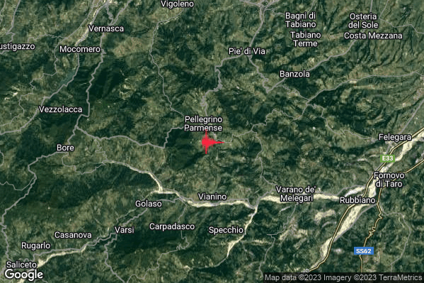 Lieve Terremoto M2.1 epicentro 1 km SE Pellegrino Parmense (PR) alle 00:11:21 (23:11:21 UTC)