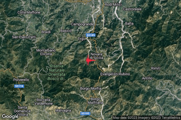 Lieve Terremoto M2.2 epicentro 2 km SW Novara di Sicilia (ME) alle 13:34:01 (12:34:01 UTC)