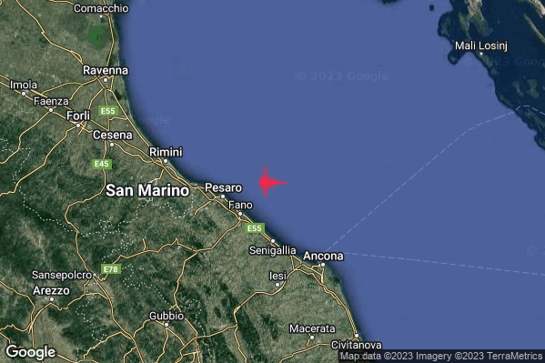Debole Terremoto M2.7 epicentro Costa Marchigiana Pesarese (Pesaro-Urbino) alle 23:46:32 (22:46:32 UTC)