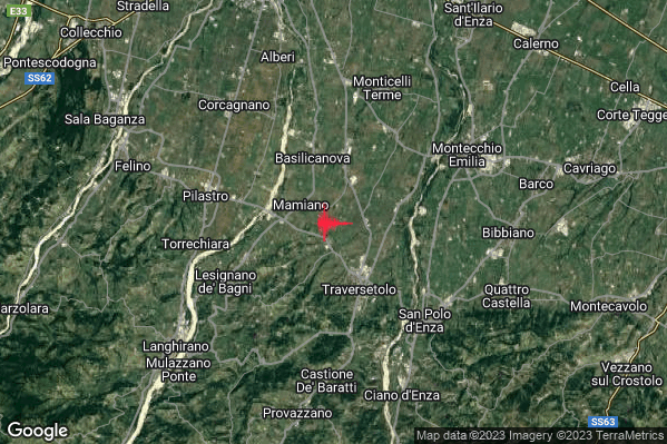 Lieve Terremoto M2.2 epicentro 3 km NW Traversetolo (PR) alle 07:36:16 (06:36:16 UTC)