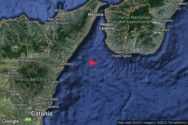 Debole Terremoto M2.6 epicentro Stretto di Messina (Reggio di Calabria Messina) alle 08:19:28 (07:19:28 UTC)