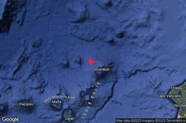 Debole Terremoto M2.3 epicentro Isole Eolie (Messina) alle 02:30:13 (01:30:13 UTC)