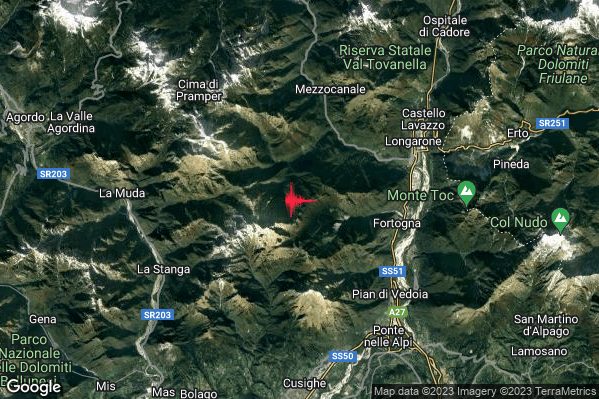 Lieve Terremoto M2.2 epicentro 7 km W Longarone (BL) alle 13:31:13 (12:31:13 UTC)