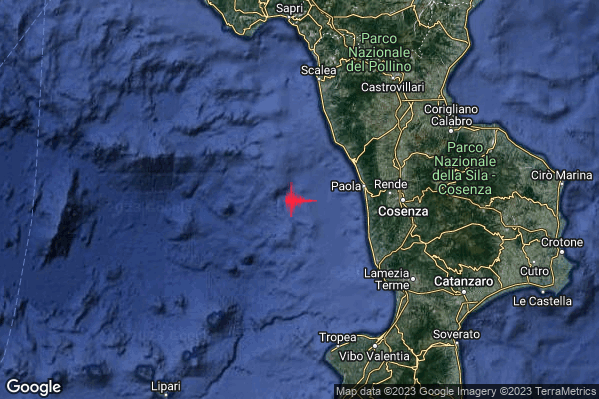Debole Terremoto M2.5 epicentro Costa Calabra nord-occidentale (Cosenza) alle 01:24:11 (00:24:11 UTC)