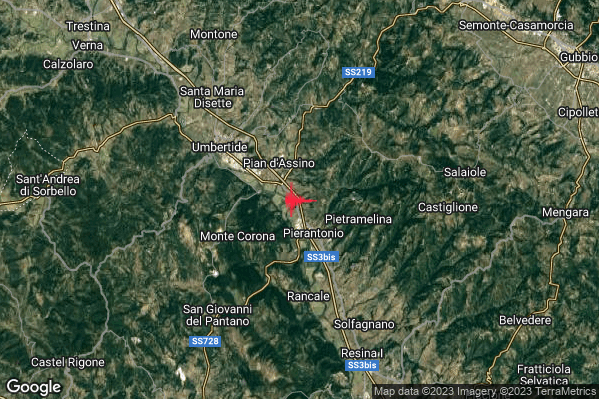 Distinto Terremoto M3.9 epicentro 5 km SE Umbertide (PG) alle 20:13:56 (19:13:56 UTC)