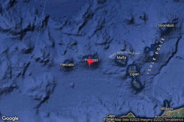 Debole Terremoto M2.4 epicentro Isole Eolie (Messina) alle 00:16:25 (23:16:25 UTC)