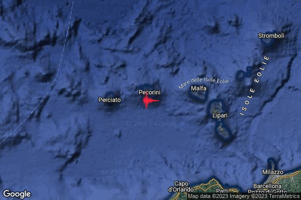 Leggero Terremoto M2.8 epicentro Isole Eolie (Messina) alle 09:59:32 (08:59:32 UTC)