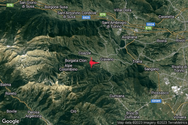 Debole Terremoto M2.3 epicentro 3 km W Giaveno (TO) alle 10:43:10 (09:43:10 UTC)