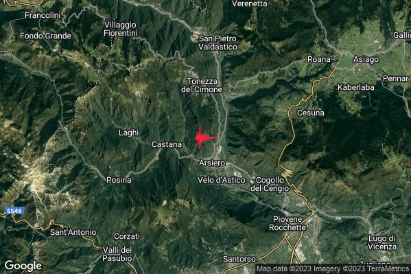 Lieve Terremoto M2.1 epicentro 2 km N Arsiero (VI) alle 20:52:09 (19:52:09 UTC)