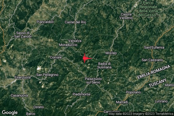 Lieve Terremoto M2.1 epicentro 5 km NW Palazzuolo sul Senio (FI) alle 13:17:16 (12:17:16 UTC)