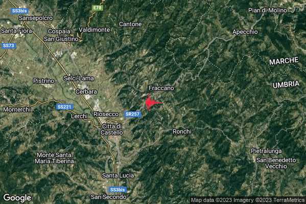 Debole Terremoto M2.7 epicentro 6 km NE Citta di Castello (PG) alle 19:45:15 (18:45:15 UTC)