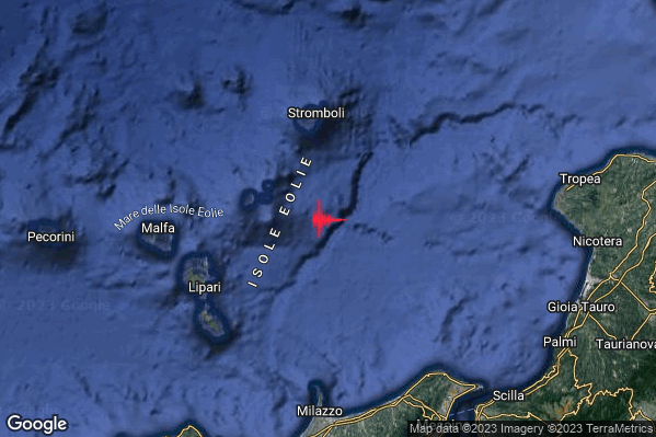 Debole Terremoto M2.5 epicentro Isole Eolie (Messina) alle 13:52:11 (12:52:11 UTC)