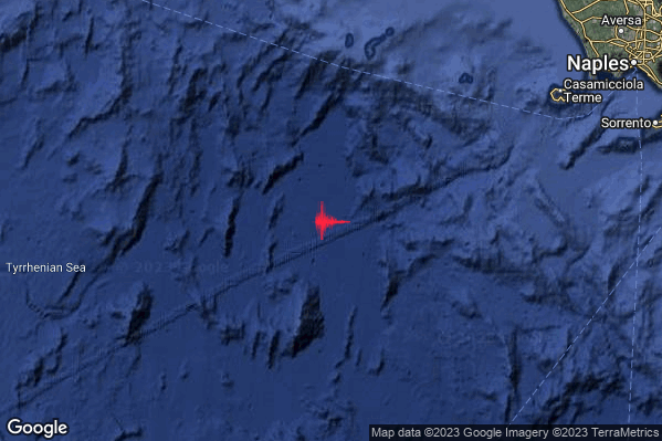 Debole Terremoto M2.7 epicentro Tirreno Meridionale (MARE) alle 23:37:52 (22:37:52 UTC)